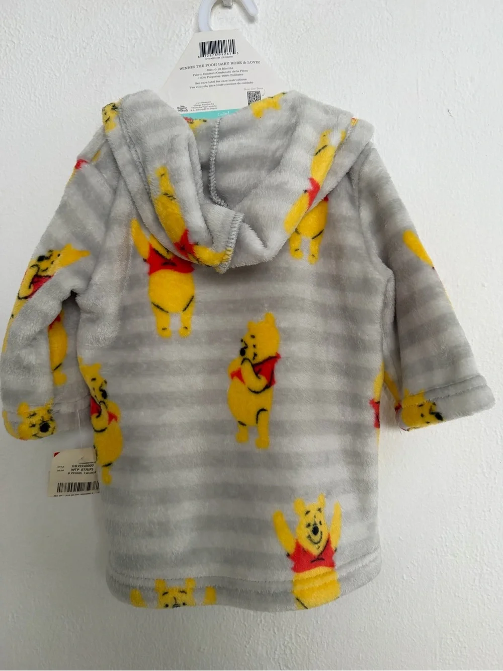 Disney Baby Gray Stripe Hooded Plush Robe with Yellow Winnie the Pooh